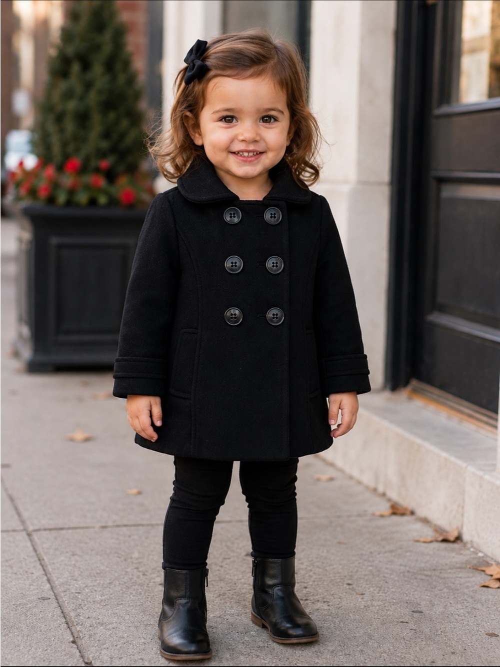 Old Navy Girls Black Double-Breasted Peacoat Wool-Blend Coat | Size 18-24 months
